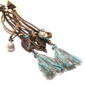 Boho Ethnic Inspired Copper Tone Long Chain and Leather Tassel Earrings NOS
